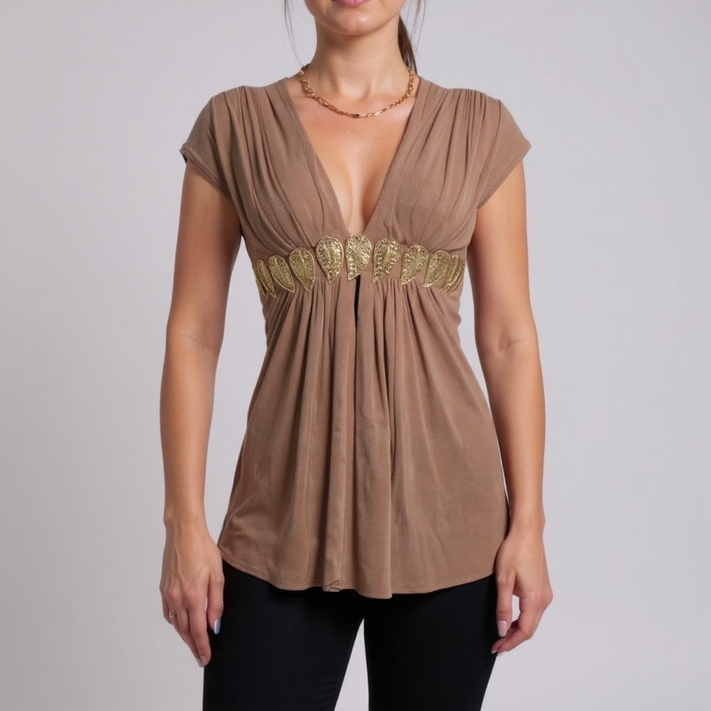 SKY Brown Deep V Neck Gold Leaf Embellished Empire Waist Y2K Tunic Top - Picture 6 of 6